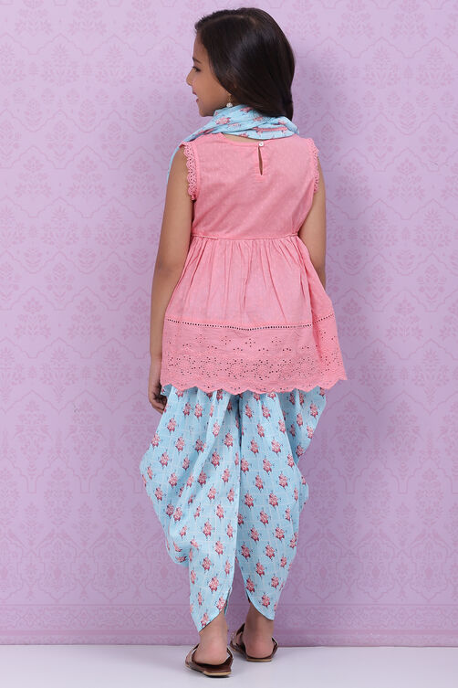 Pink Blue Cotton Flared Kurta Dhoti Salwar Suit Set image number 4