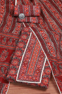 Maroon Cotton Printed Embroidered Unstitched Suit Set image number 0