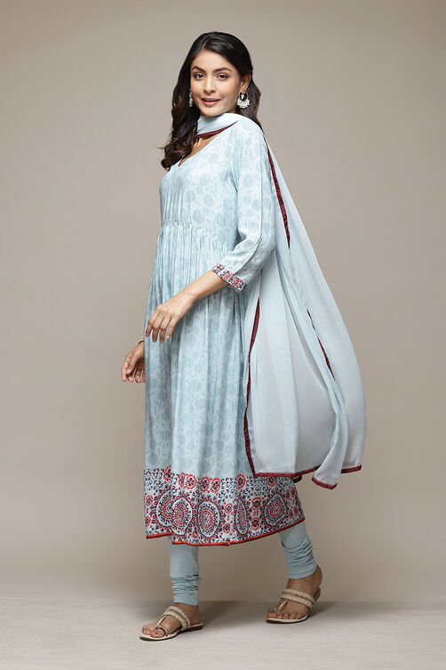 Powder Blue Rayon Gathered Kurta Churidar Suit Set image number 5