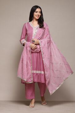 Pink Cotton Blend Straight Kurta Palazzo Suit Set image number 7