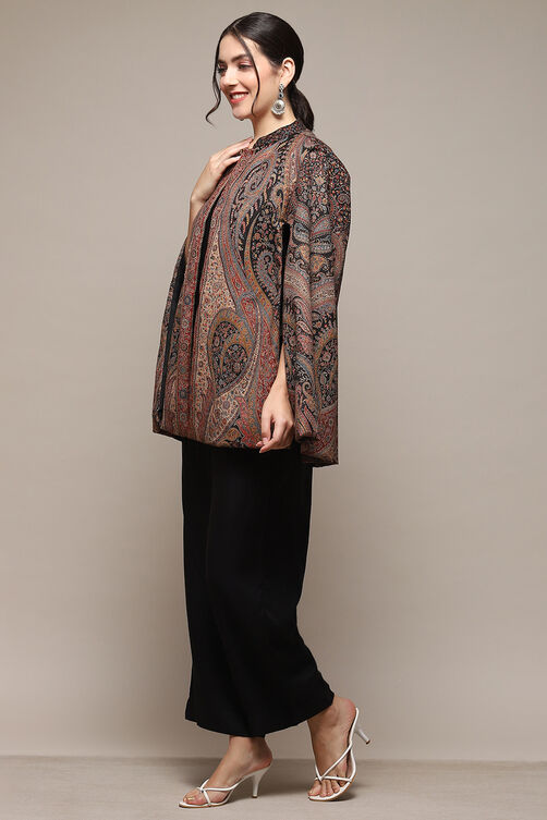 Black Poly Jacquard Flared Yarndyed Kurta image number 3