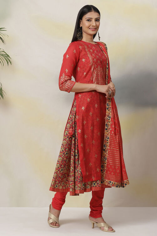 Red Poly Modal Layered Printed Kurta Churidar Suit Set image number 8