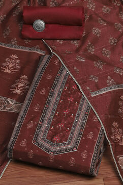 Maroon Chanderi Machine Embroidered Unstitched Suit Set image number 0