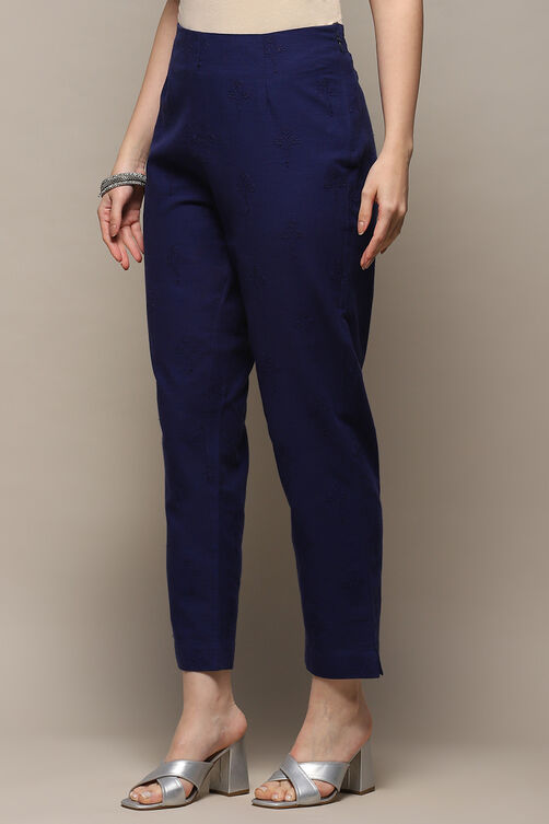 Indigo Blue Cotton Slim Embroidered Pants image number 2