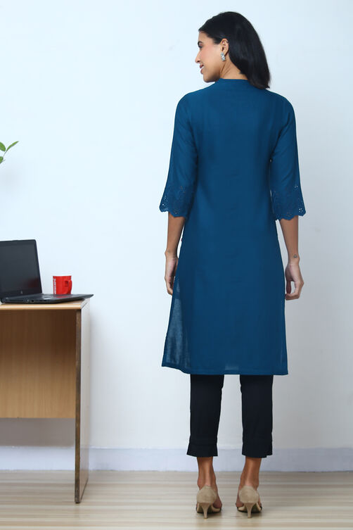 Teal Cotton Flax Kurta image number 5