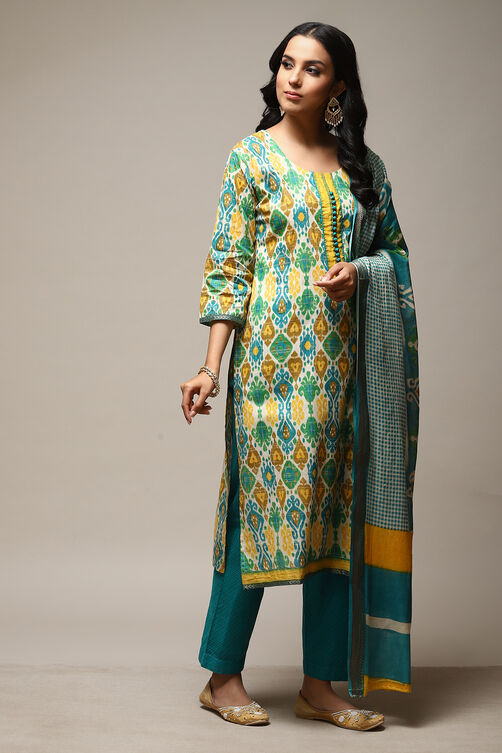 Rama Teal Cotton Hand Block Print Unstitched Suit Set image number 7