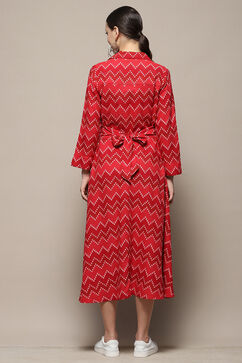 Red Chevron Block Printed Shirt-Style A-line Dress image number 3