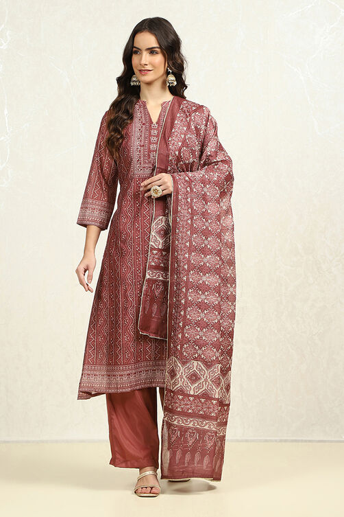 Maroon Chanderi Machine Embroidered Unstitched Suit Set image number 7