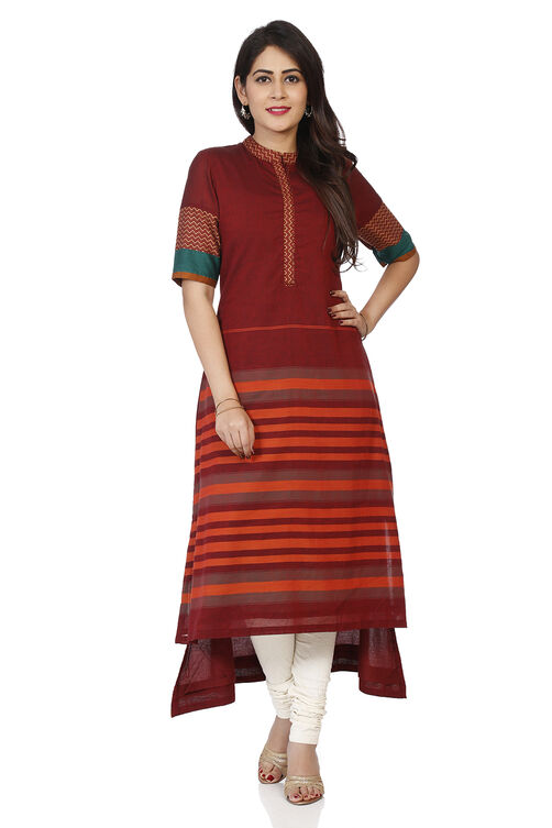 Maroon Cotton A-Line Printed Kurta image number 0