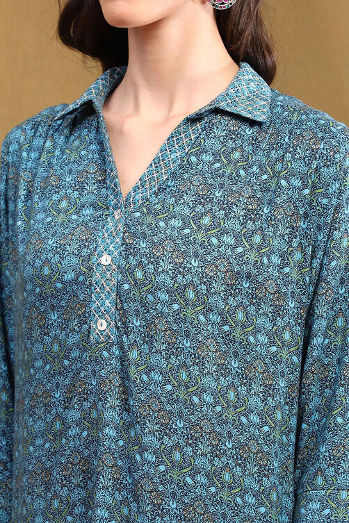 Blue & Green Rayon Printed Straight Shirt image number 1