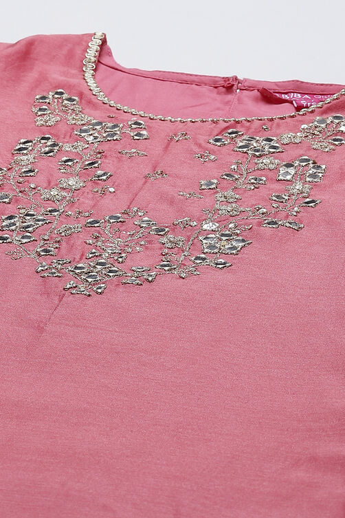 Pink Poly Cotton Girls Straight  Kurta Palazzo Suit Set image number 1