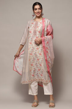 White Pink Chanderi Blend Unstitched Suit set image number 1
