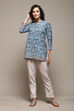 Denim Blue Polyester Straight Printed Kurti