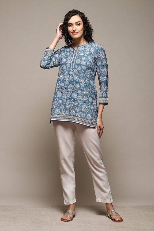 Denim Blue Polyester Straight Printed Kurti image number 0