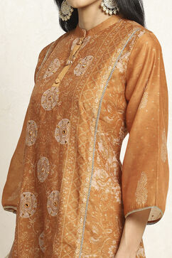 Beige Chanderi Machine Embroidered Unstitched Suit Set image number 2