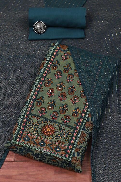 Teal Cotton Printed Unstitched Suit Set image number 0