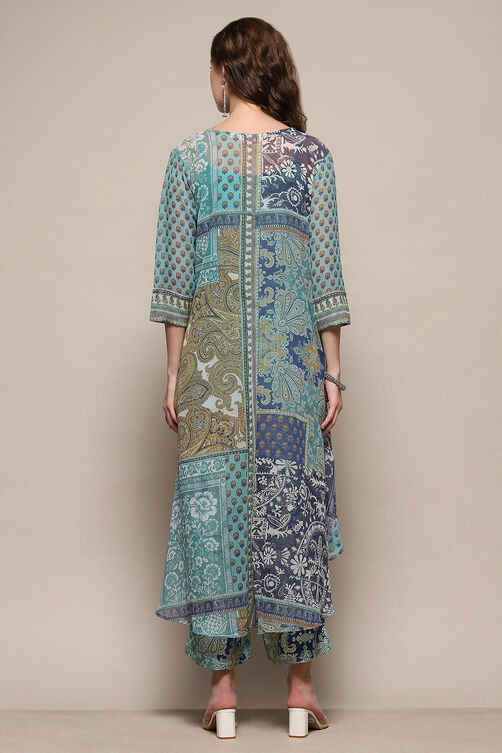 Blue Printed Asymmetric Kurta & Palazzo Suit Set image number 4