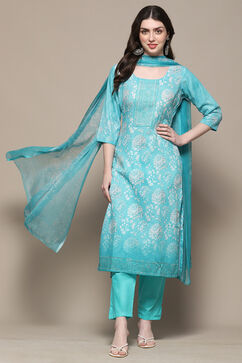 Blue Cotton Blend Floral Digital Print Unstitched Suit Set image number 1