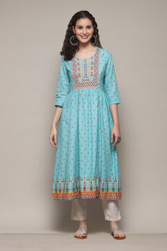 Sky Blue Cotton A-Line Printed Kurta image number 5