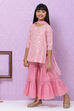 Pink Poly Metallic Cotton Girls Straight Kurta Sharara Suit Set