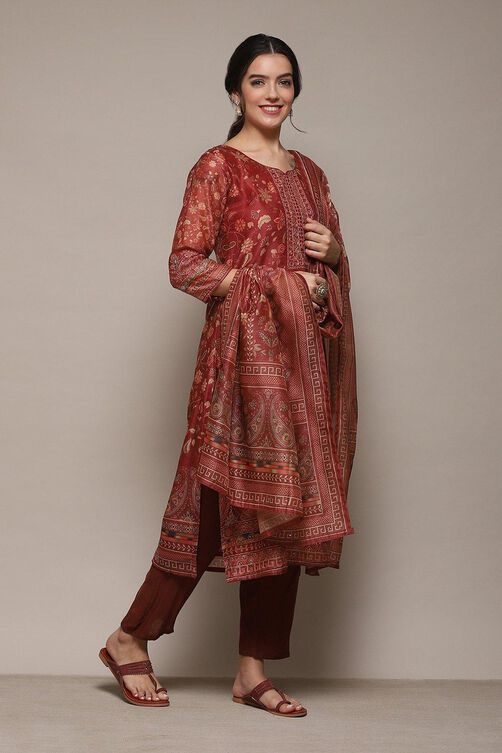 Maroon Chanderi Unstitched Suit Set image number 7