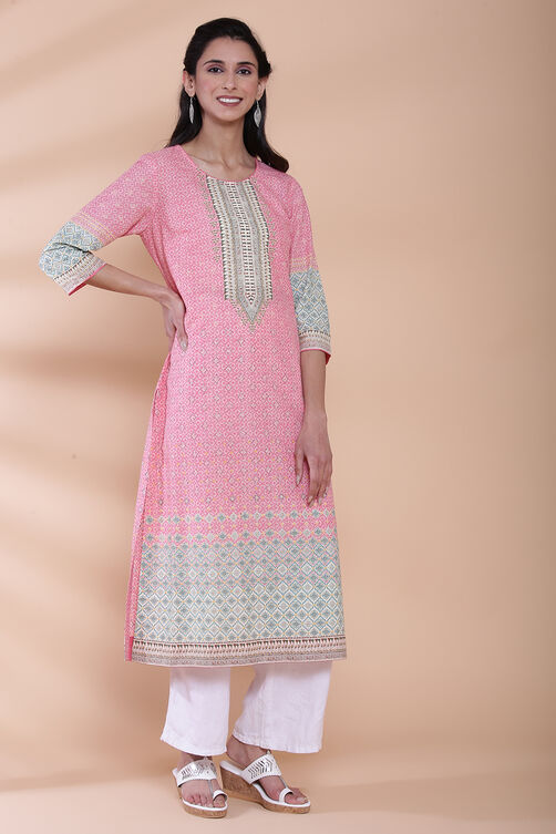 Pink Cotton Straight Printed Kurta image number 4