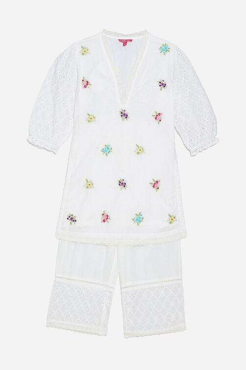 White Cotton Schiffli Kurta and Palazzo Set image number 0