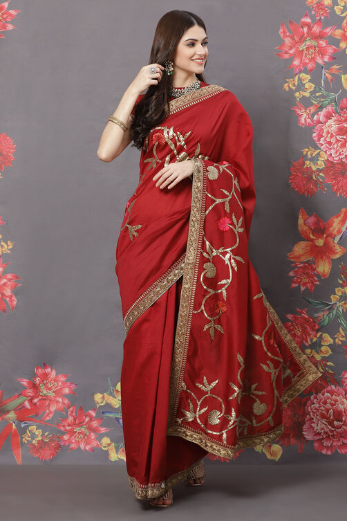 Rohit Bal Maroon Chanderi Silk Solid Saree With Blouse image number 0