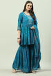 Teal Blue Cotton Anarkali Kurta Garara Suit Set image number 3