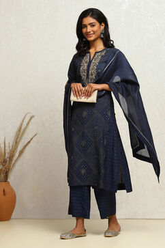 Indigo Modal Chanderi Bandhani Printed Straight Suit Set image number 3