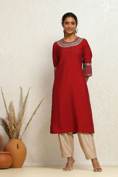 Maroon Solid Festive Straight Kurta image number 2