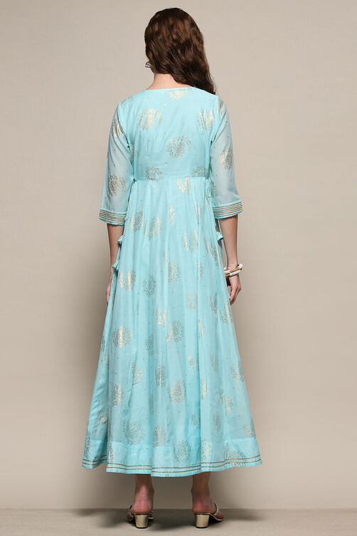 Sky Blue Foil Printed Festive Flared Dress  image number 3