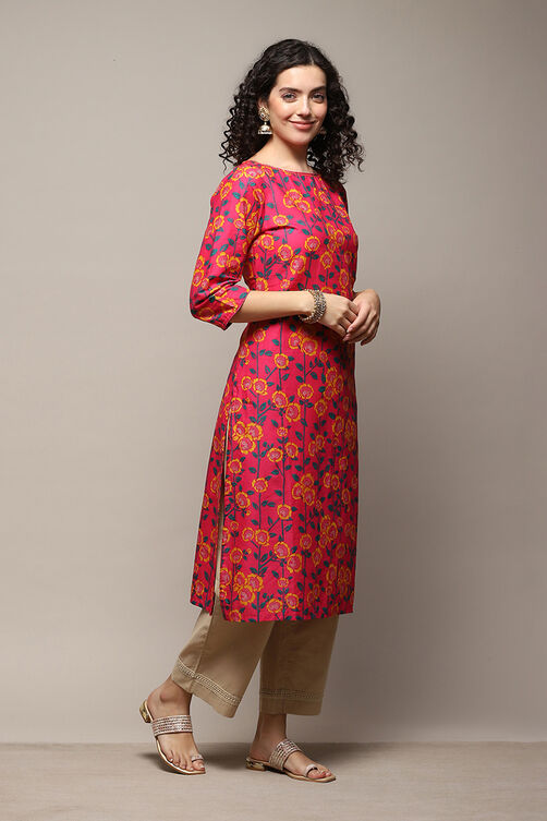 Turquoise Cotton Straight Printed Kurta image number 4