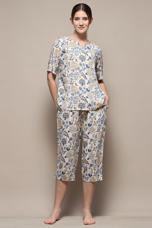 Off White & Red Rayon Printed 2 Piece Sleepwear Set image number 0