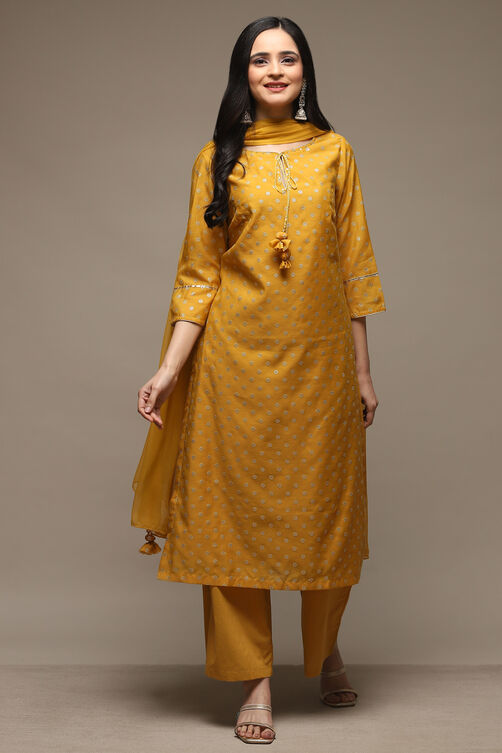 Yellow Cotton Blend Straight Kurta Palazzo Suit Set image number 6