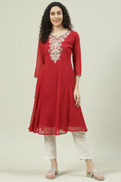 Red Poly Cotton A-Line Kurta image number 0