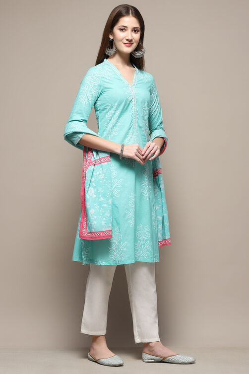 Turquoise Cotton Straight Kurta Palazzo Suit Set image number 6