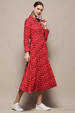 Red Chevron Block Printed Shirt-Style A-line Dress image number 4