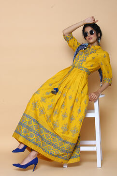 Mustard Cotton Printed Kurta Dress image number 2