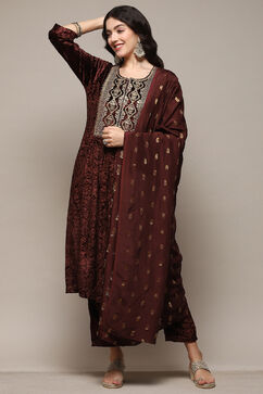 Brown Polyester Straight Embroidered Kurta Palazzo Suit Set image number 0