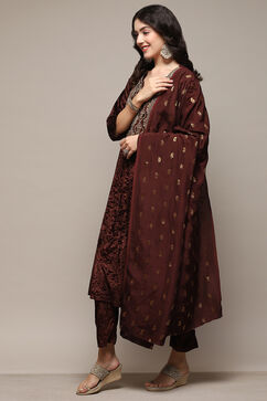 Brown Polyester Straight Embroidered Kurta Palazzo Suit Set image number 4