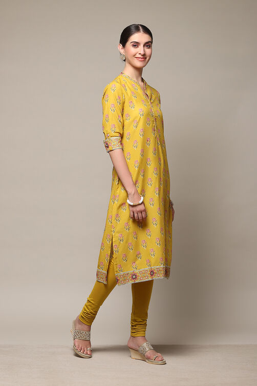 Mustard Cotton Straight Kurta Churidar Suit Set image number 5