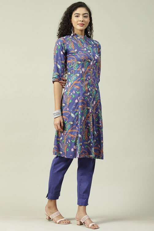 Blue & Purple Printed Cotton Straight Suit Set image number 5