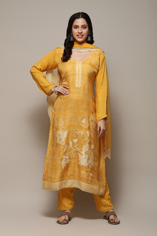 Yellow Linen Blend Digital Print Unstitched Suit Set image number 8