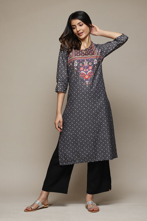 Black Cotton Straight Printed Kurta image number 0