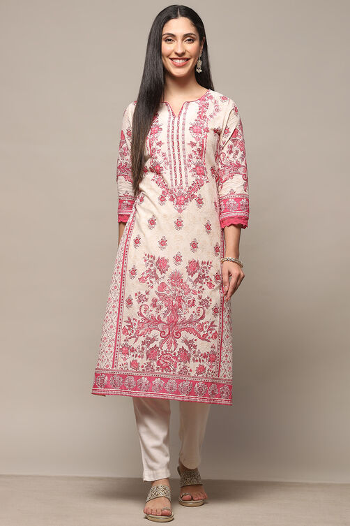 Off-white & Pink Pure Cotton Printed Straight Kurta image number 5
