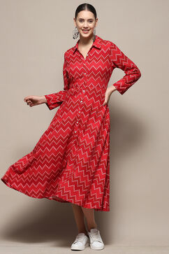 Red Chevron Block Printed Shirt-Style A-line Dress image number 5