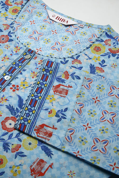 Blue Cotton Straight Printed Kurta image number 1