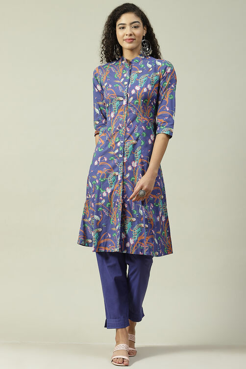 Blue & Purple Printed Cotton Straight Suit Set image number 0