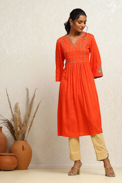 Orange Yoke Design Festive A-Line Kurta image number 5